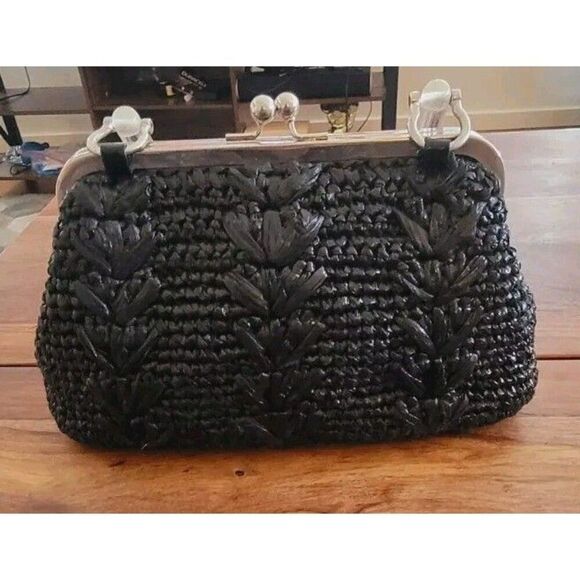 Trina Turk Woven Nylon Raffia Purse Black and Silver With Clear Handle - Picture 8 of 10